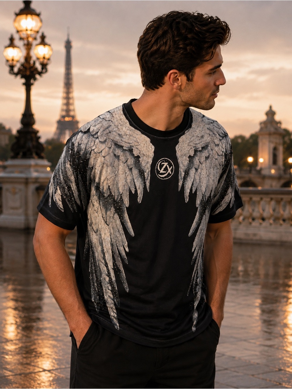 Men’s Black Graphic Tee with Sparkling Angel Wing Print NWOT Size L